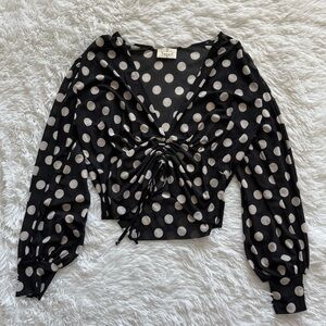 Ember Deep V Tie Front Polka Dot Blouse